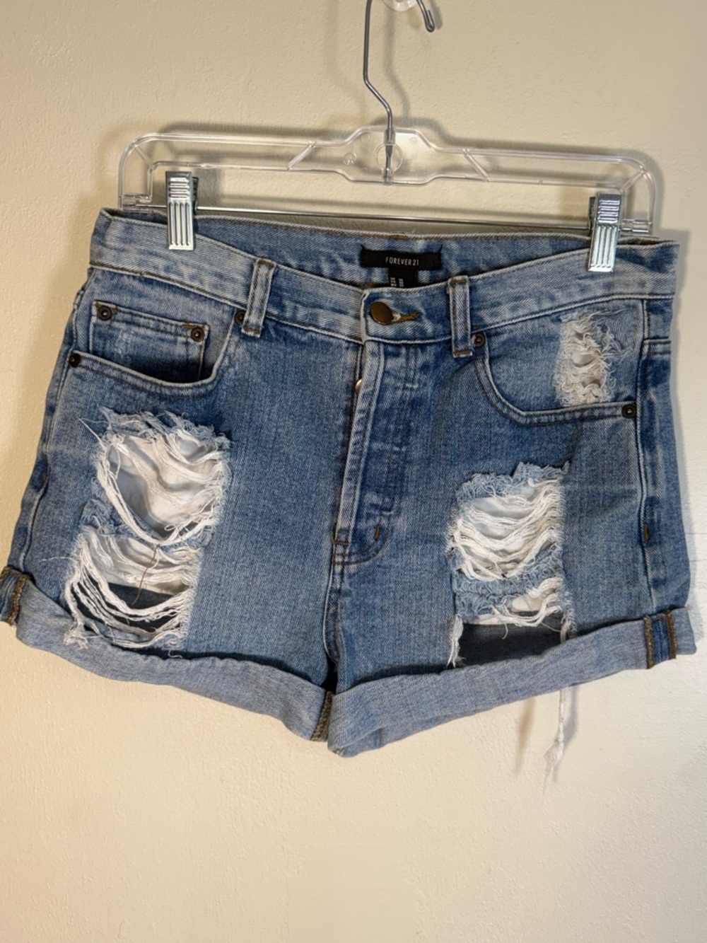Forever 21 Denim Distressed Light Wash Cuffed Shorts 30 Jean Ripped Sexy Cowgirl
